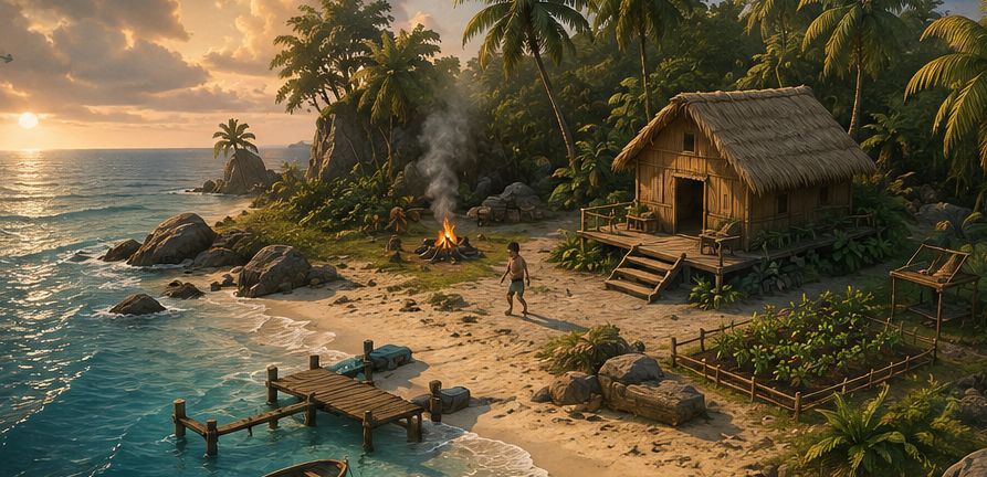 As your island grows: a thatched hut, garden, dock and campfire on the island