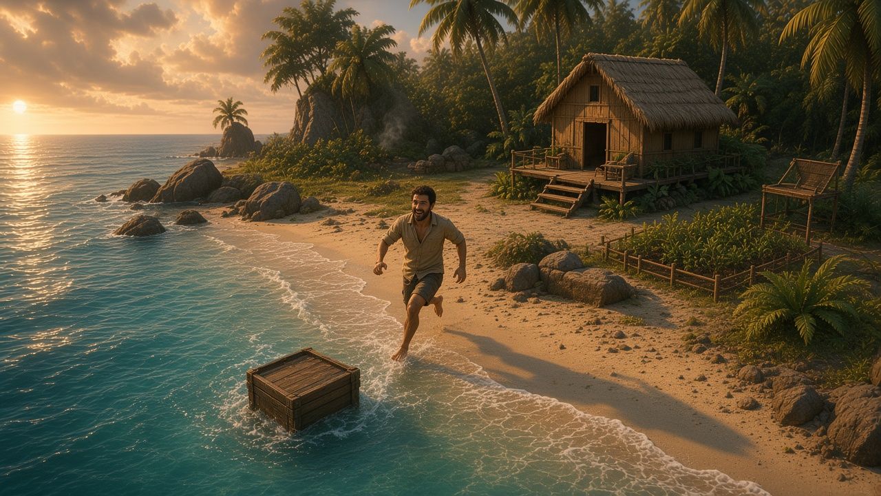 Milo running down the beach toward a crate washing ashore at sunset