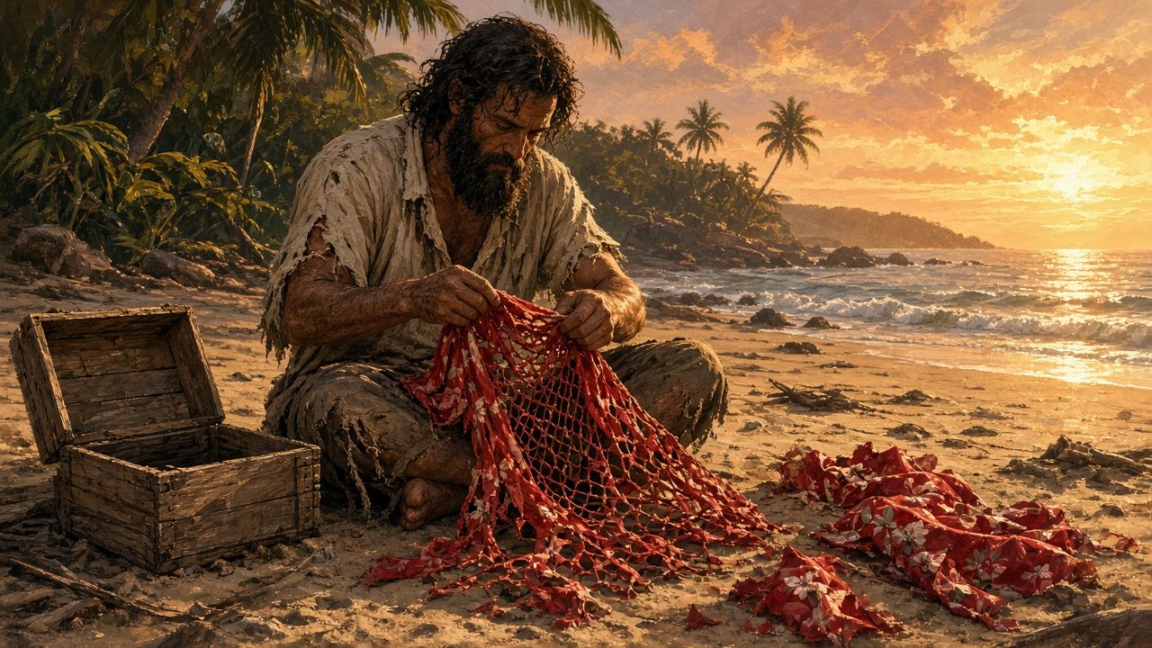 Milo weaving a red floral dress into a fishing net beside an open crate
