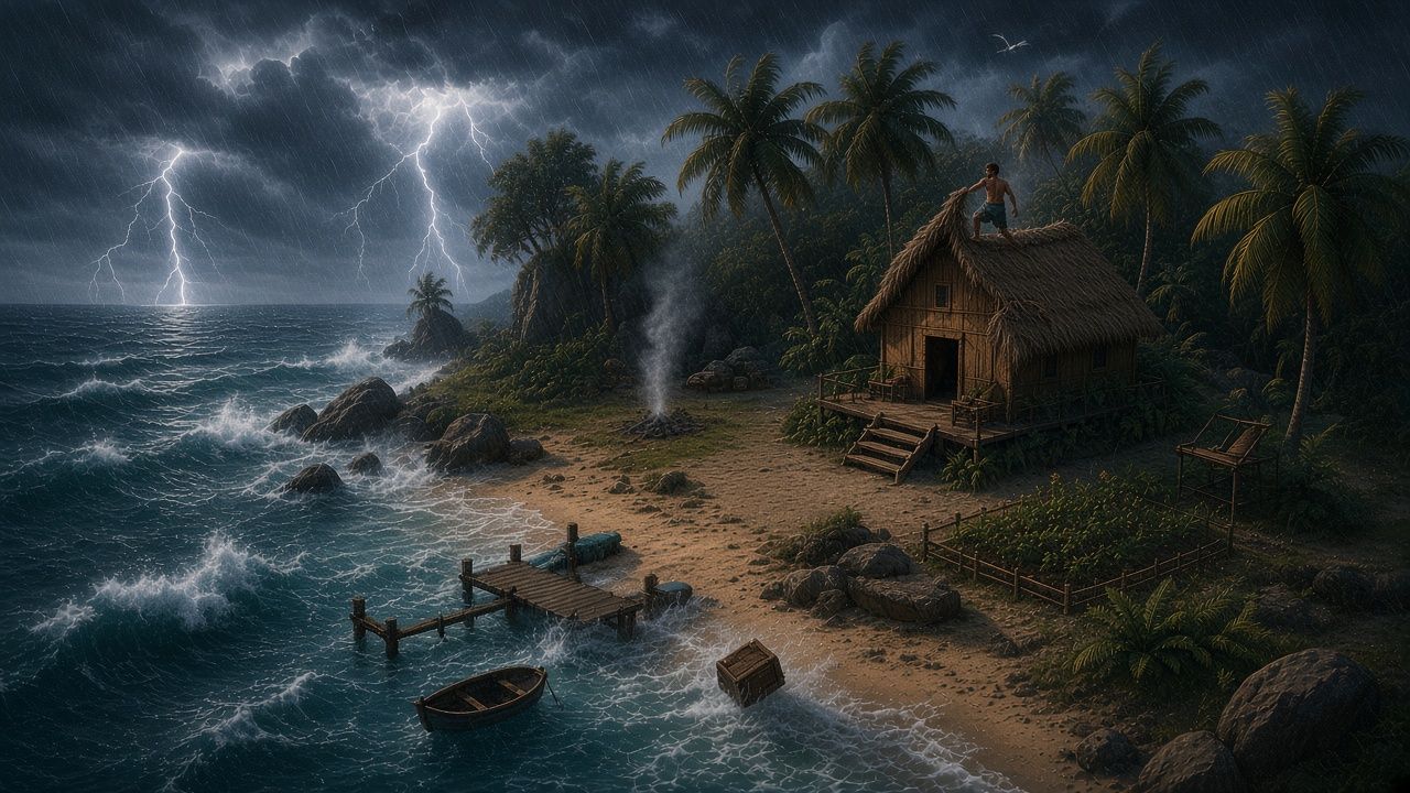 A tropical storm lashing the island while Milo holds his roof down